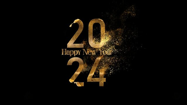 New year 2024 with golden particles, happy new year, golden particles, for the new year, 2024, alpha channel