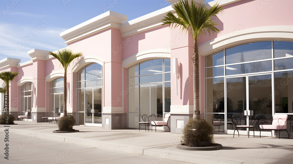 Pastel storefront mall, soft pink building