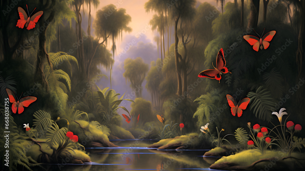 Wallpaper jungle and leaves tropical forest mural river and birds butterflies, vintage digital painting illustration