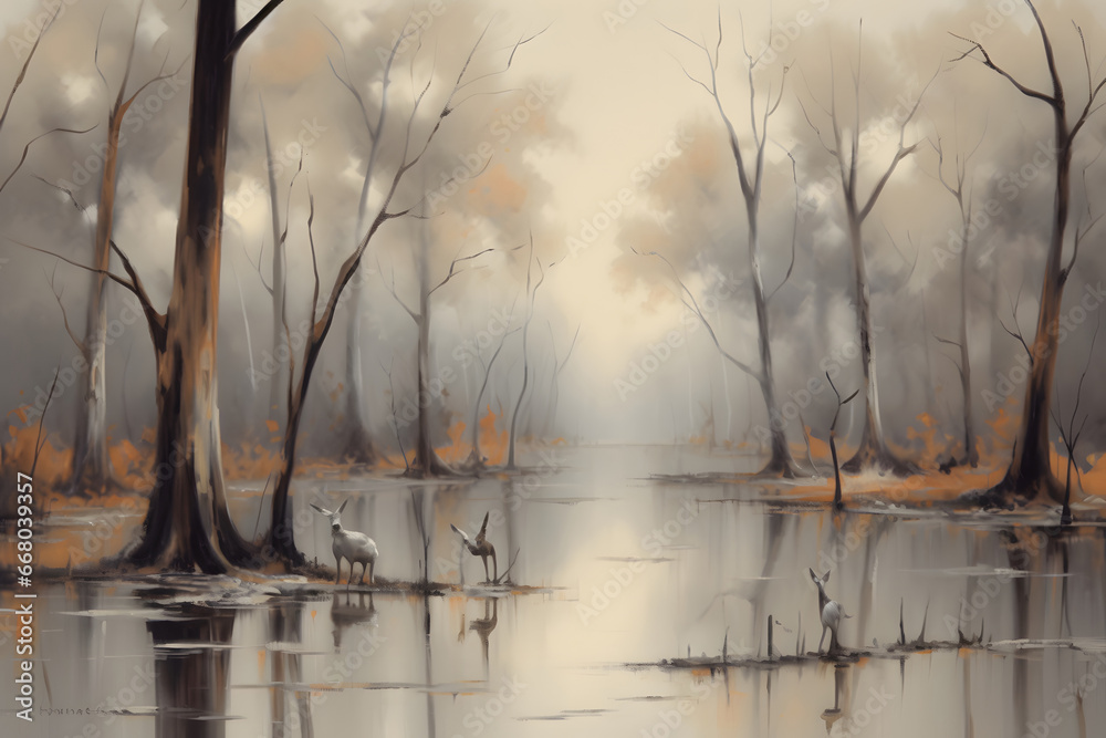 Watercolor drawing forest landscape of dry trees in autumn with birds and fog background, digital painting