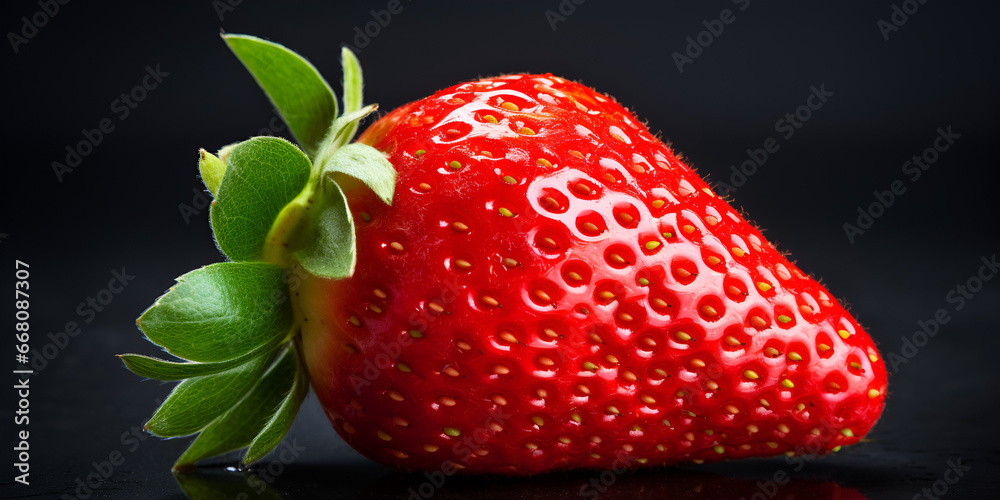 Strawberry On A Leaf With Black Background ,  Contrast in Nature: Vibrant Strawberry on a Leaf Against Black