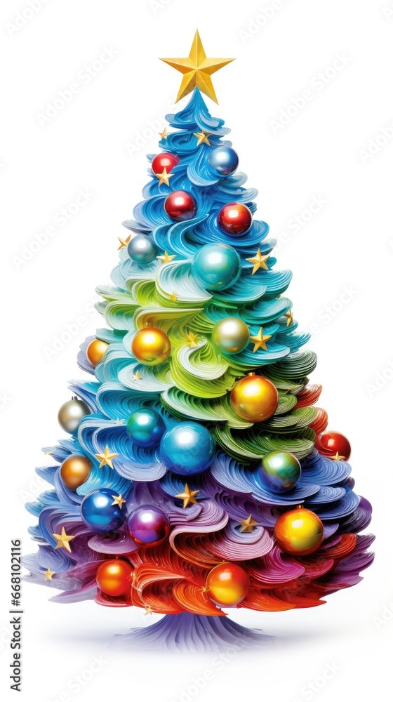 Rainbow Christmas tree with colorful balloons. Creative tree on highlighted white background.