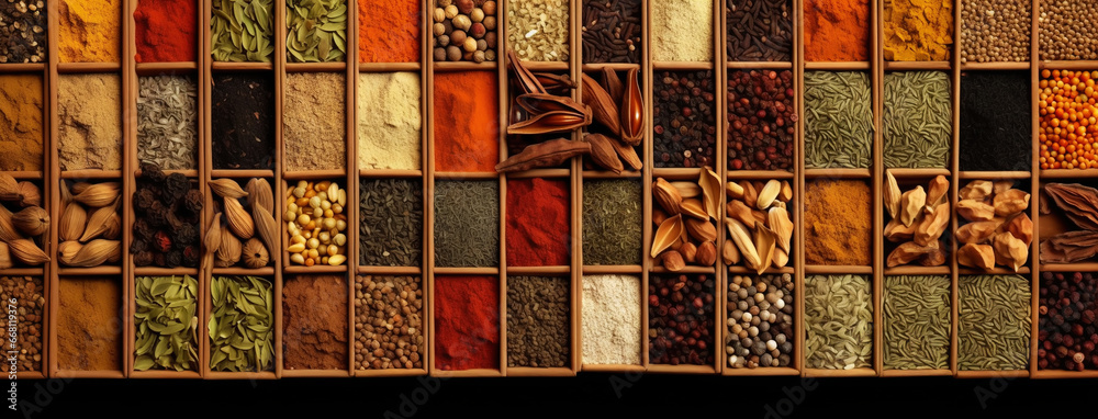 Collection of different aromatic spices, seeds and herbs in a wooden boxes, panoramic view from above. Generative AI