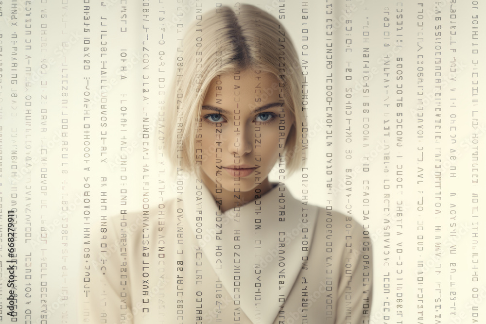 Woman among information flows, the space around him is filled with various text data and digital data, Information overload, Digital information concept. Close up female look at camera