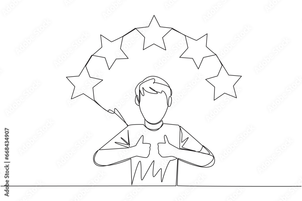 Continuous one line drawing man giving two thumbs up, above head there are 5 stars forming semicircle. Exciting online shopping experience. Review 5 stars. Single line draw design vector illustration