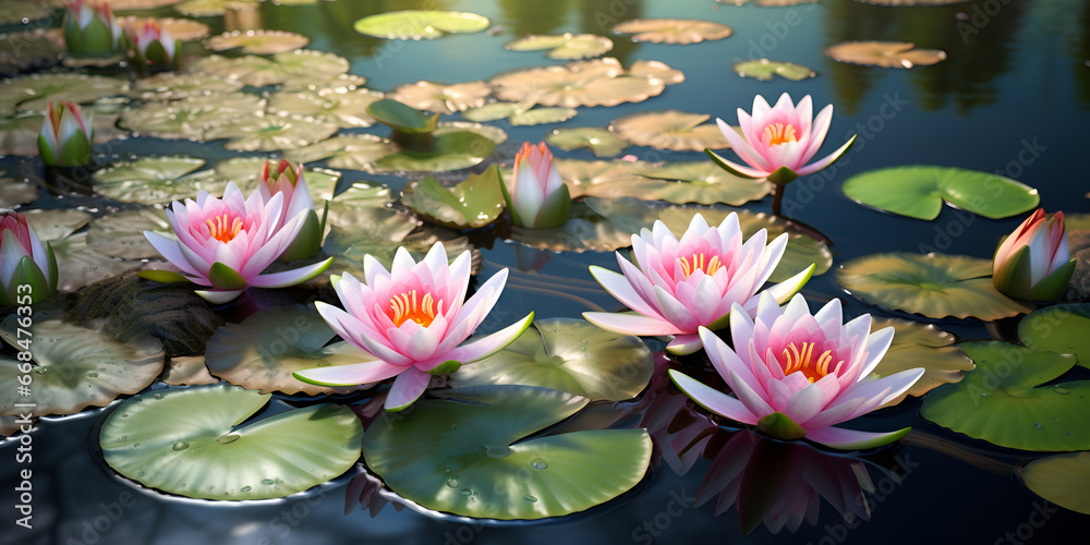 Pink lotuses in clear water.,  Tranquil Lotus Pond: Pink Blooms in Crystal Clear Waters 