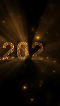 Vertical, Shining gold 2023, 2024 new year greeting text with slow motion particles and sparks on beautiful typographic magic design background,Concept merry christmas  and happy new year 