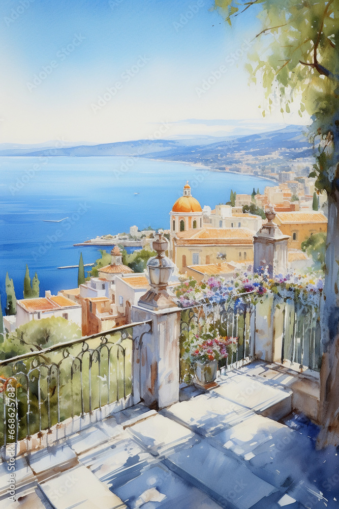 Beautiful view of the sea and mountains from the terrace. Mediterranean summer landscape. Seaview, cityscape. Watercolor painting, vertical wall art. Generative AI