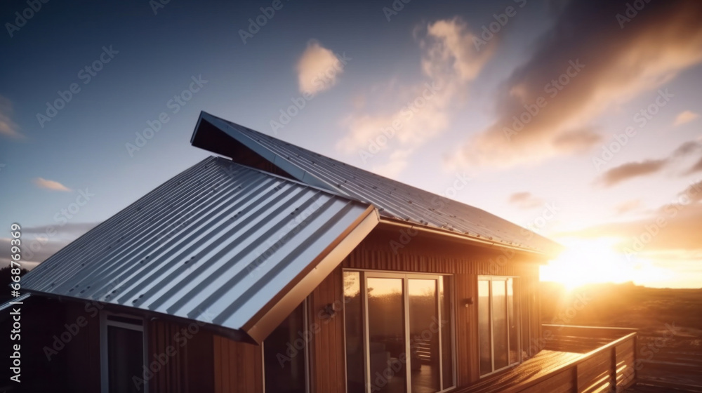 Corrugated metal roof installed in a modern house. Metal sheet roof.