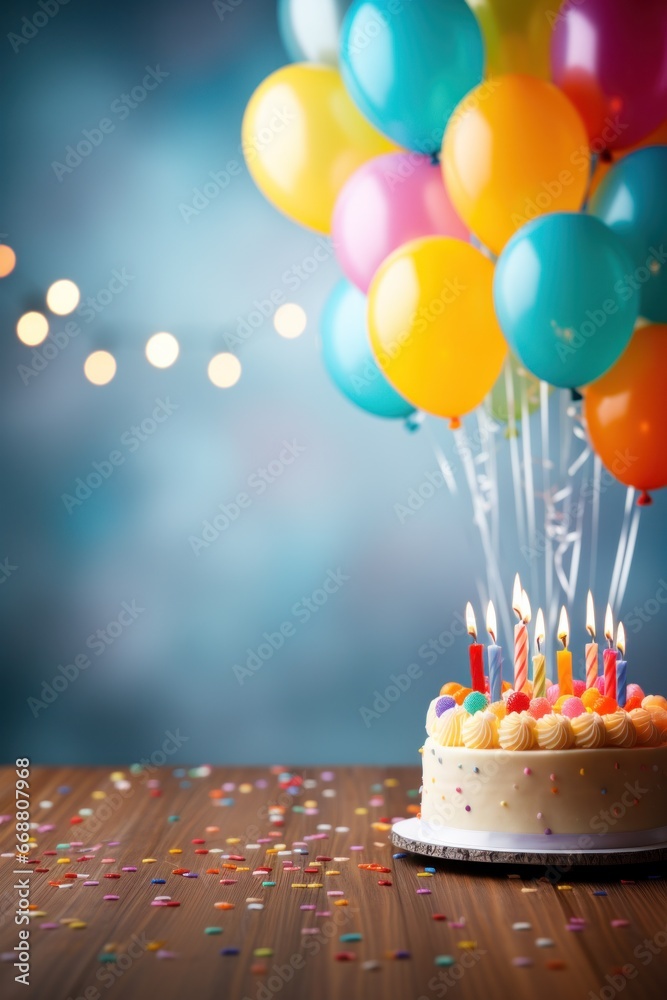 Birthday Cake with Candles and Colorful Party Balloons with space for text