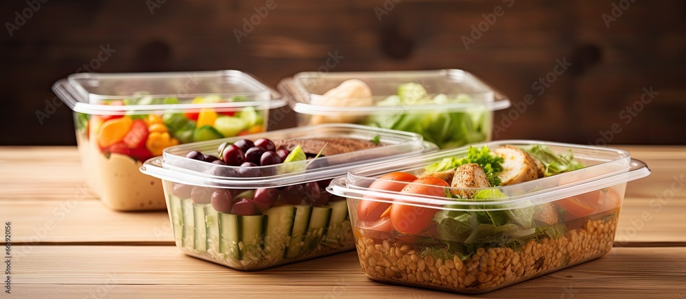 Close up of delicious lunch in plastic containers on wooden table
