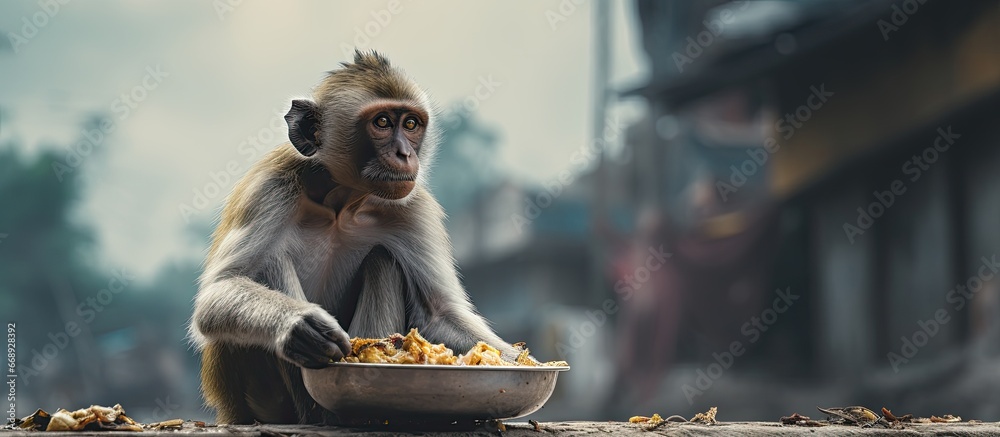 Thai monkey patiently awaiting food from humans