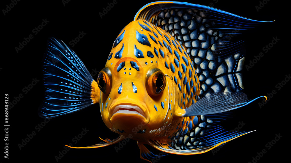  yellow And blue fish on black background