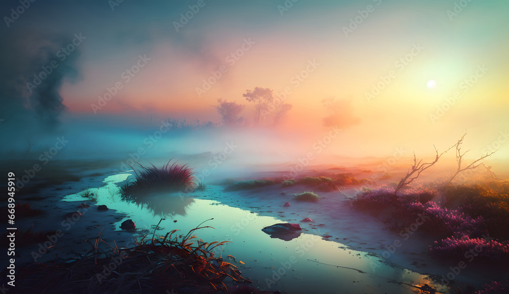 colorful sunrise over the river with foggy