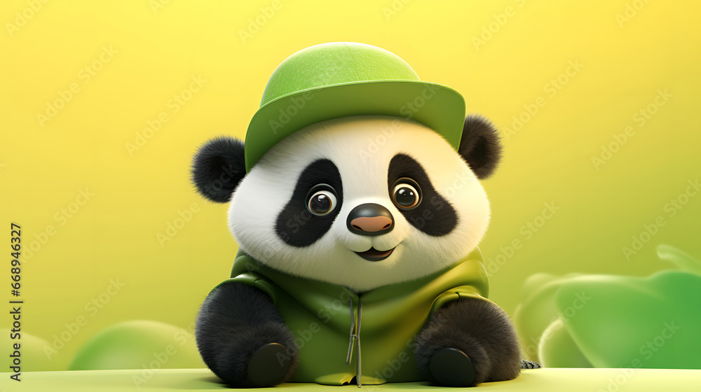 small panda with a green hat on a yellow background, 3d panda
