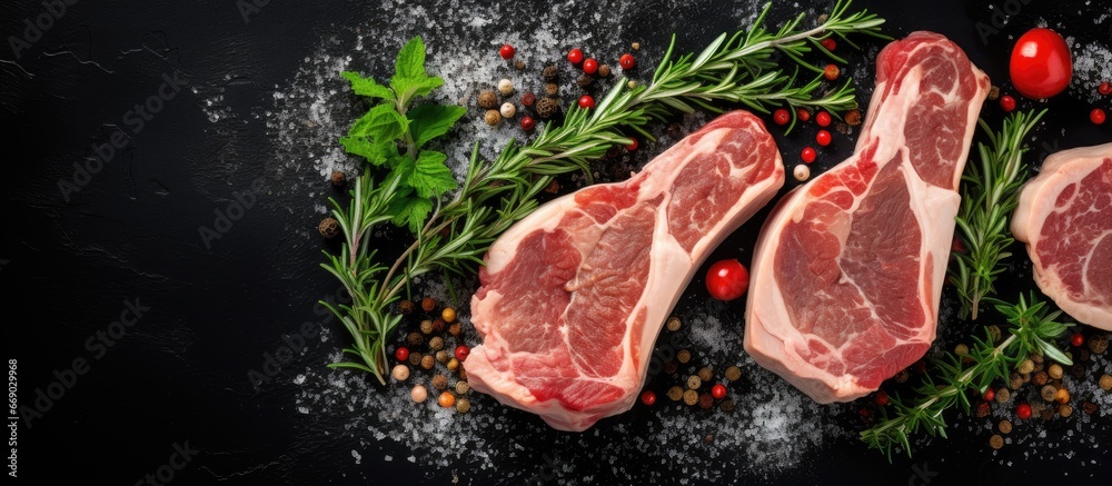 Raw pork chops with spices and herbs viewed from the top on a black background