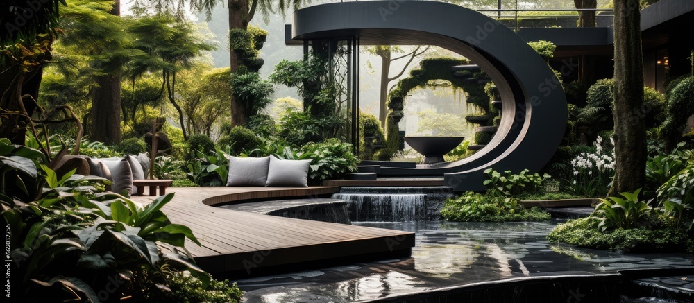 Avant garde Garden Design with Harmonious Geometry Vegetation and Fountain