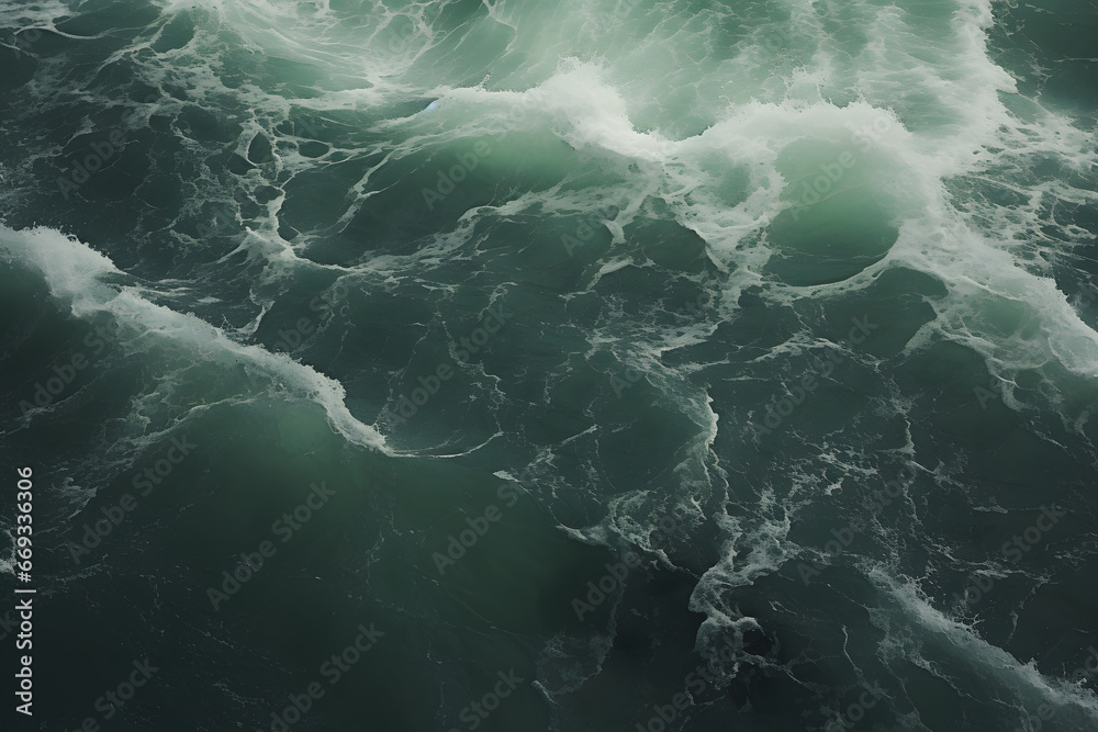 Spectacular aerial top view background photo of ocean sea water white wave splashing in the deep sea. Drone photo backdrop of sea wave in bird eye waves. green sea