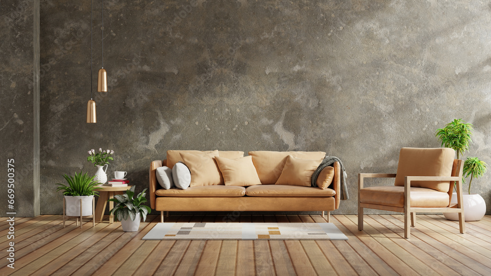 Living room interior wall mockup in style loft with concrete wall background
