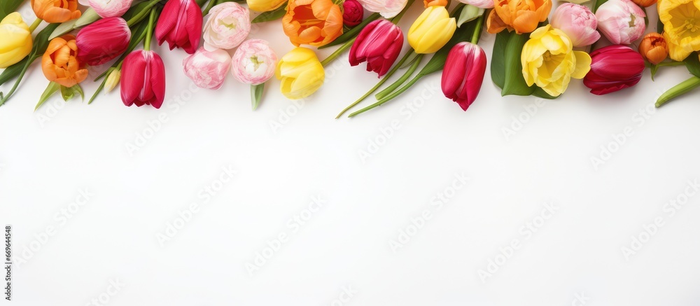 Spring flowers like tulips and roses in bloom