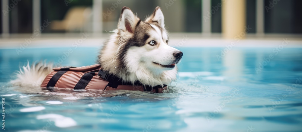 A Siberian husky with white and brown fur is swimming in a therapy pool with a life jacket for gentle muscle exercise Water is a healing and relaxing activity