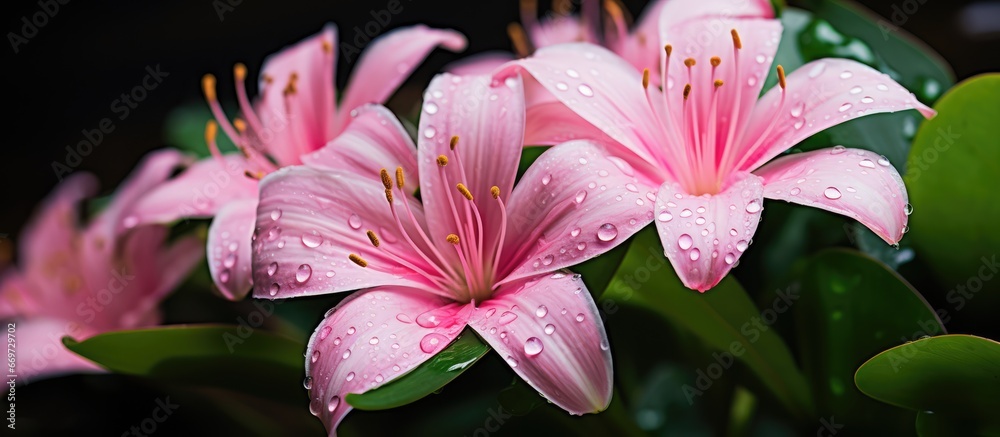 Close up of beautiful pink rain lily surrounded by green leaves