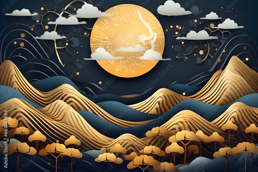 3d modern art mural wallpaper with dark blue background. golden tree and mountains, golden moon. dark landscape background and clouds and colorful mountains. for home wall decoration
