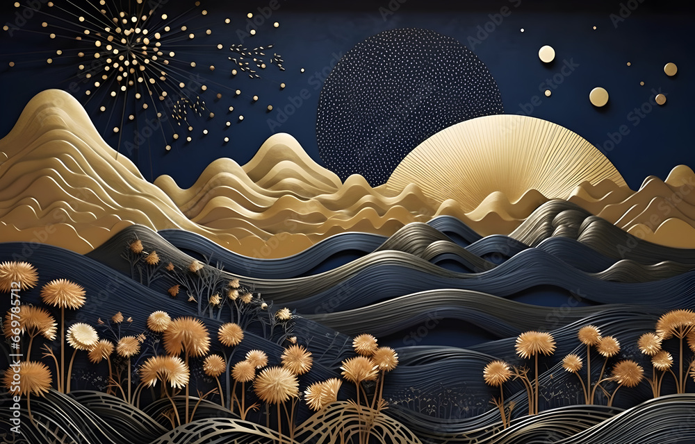 3d modern art mural wallpaper with dark blue background. golden tree and mountains, golden moon. dark landscape background and clouds and colorful mountains. for home wall decoration