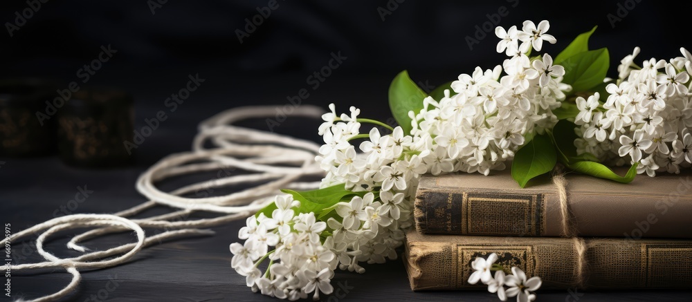 White lilac flowers twine old scissors and fabric on a black concrete background Flatlay with spring flowers and selective focus to celebrate Victory Day