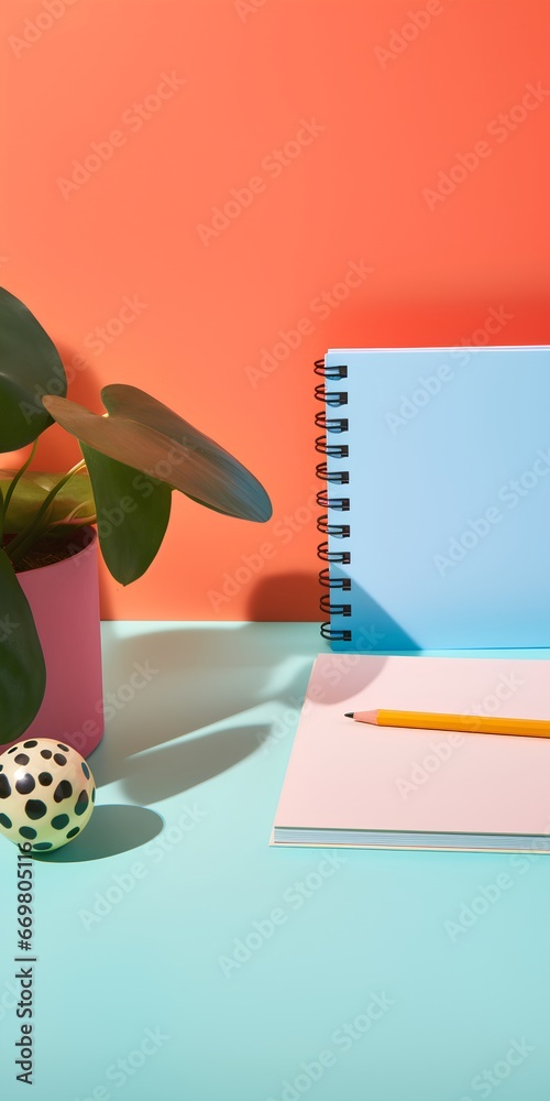 A notebook with a 90s inspired design sits on a neutral background with copy space. The designs vibrant colors evoke a sense of nostalgia, while its clean, minimalist layout keeps it contemporary.