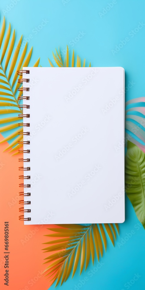 A notebook with a 90s inspired design sits on a neutral background with copy space. The designs vibrant colors evoke a sense of nostalgia, while its clean, minimalist layout keeps it contemporary.
