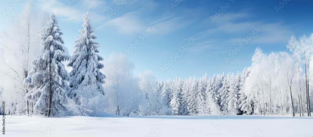 Winter trees both coniferous and deciduous covered in snow Snow on branches and ground