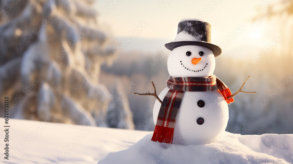 Close up of cute snowman with a carrot nose, hat, scarf and stick arms standing outside on a winters day with bokeh lights