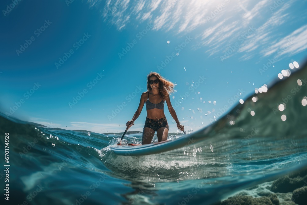 A woman on a surfboard in sea.