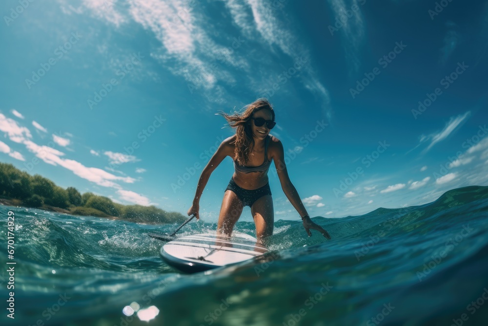 A woman on a surfboard in sea.