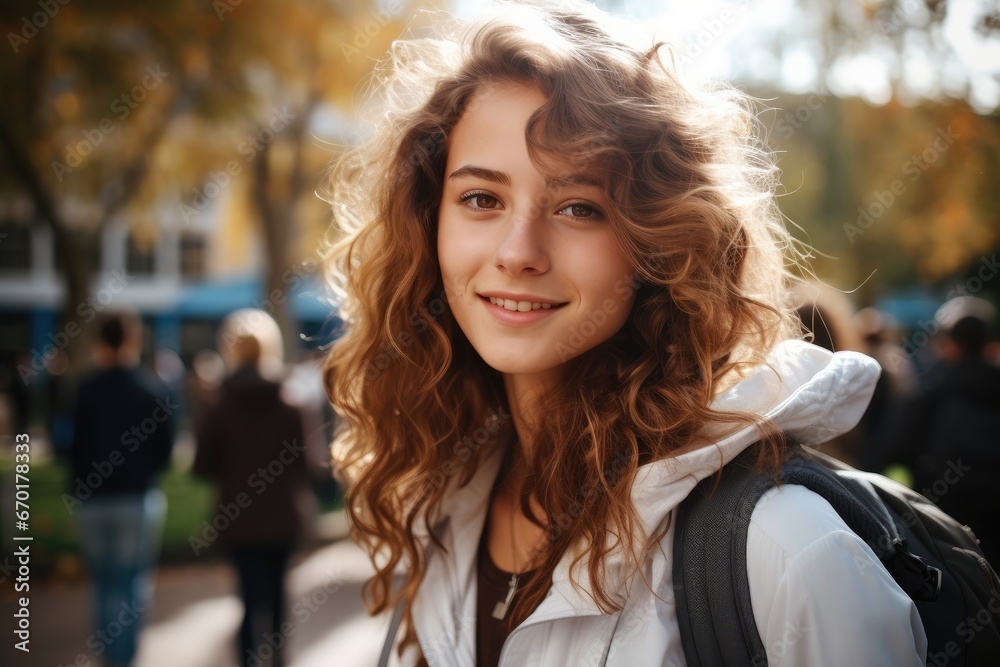 Portrait of a young teenager girl student in the schoolyard, Happy.