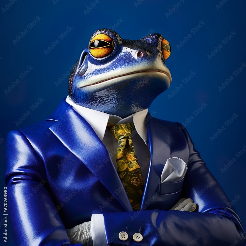 Funny frog in suit generative AI illustration. Lovely animal looks like humans concept. Realistic photo style