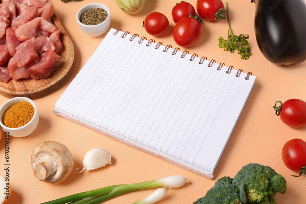 Composition with blank recipe book, raw meat, vegetables and spices on color background