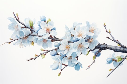 branch tree flowers pastel brushed white blue paint plum blossom one cherry blossoms
