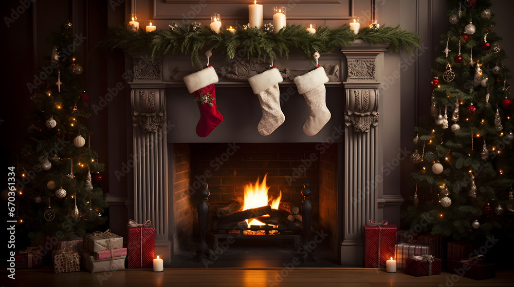 fireplace with a decorated mantel and candles on either side with presents and a wreath on the wall behind the fireplace room decorated for christmas fireplace background
