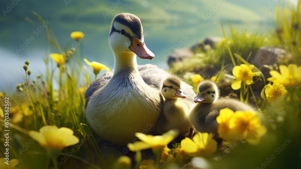 Mother duck with chicks in the mountains