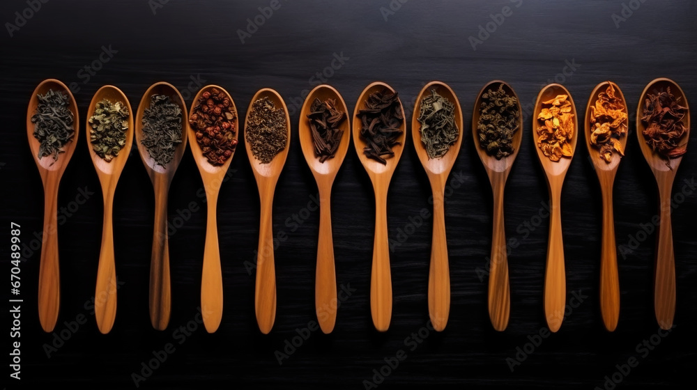 Different types of tea and herbs in vintage wood spoons, top view on dark background. Copy space. Generative AI