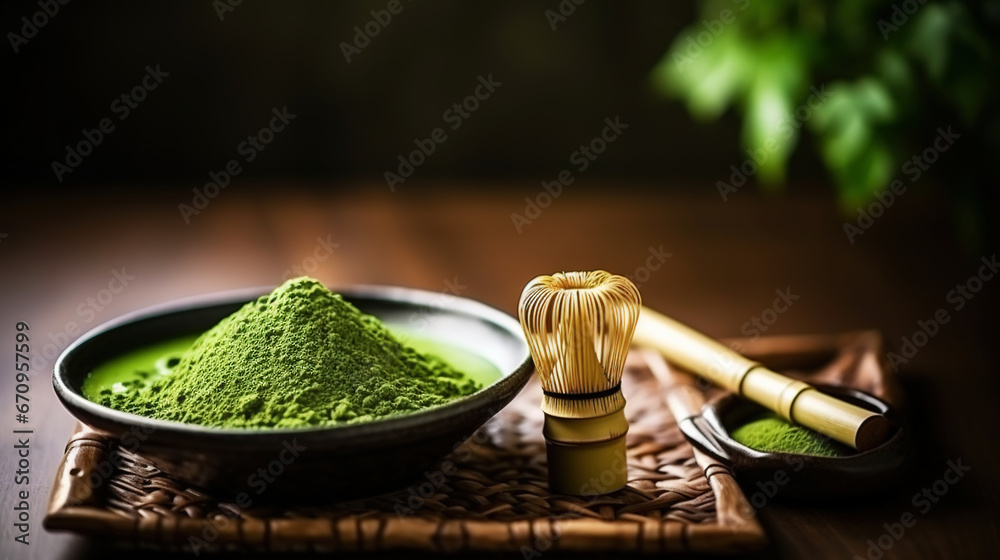 Closeup of matcha tea powder in a wooden plate with whisk on dark background, side view, copy space. Generative AI