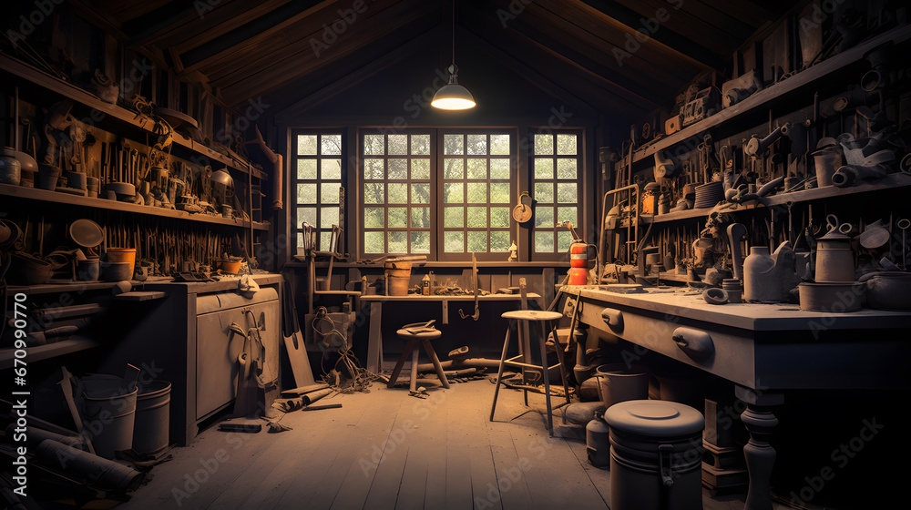 Woodworking workshop. An old shed type wood worker or carpenters work place with old tools on the wall and rustic feel. .