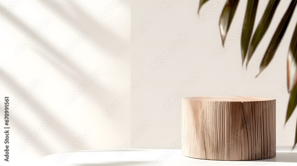 Minimal, natural log wood podium table in sunlight, palm leaf shadow in blank cream white wall, floor for modern luxury beauty, cosmetic, organic, nature, fashion product display background 3D