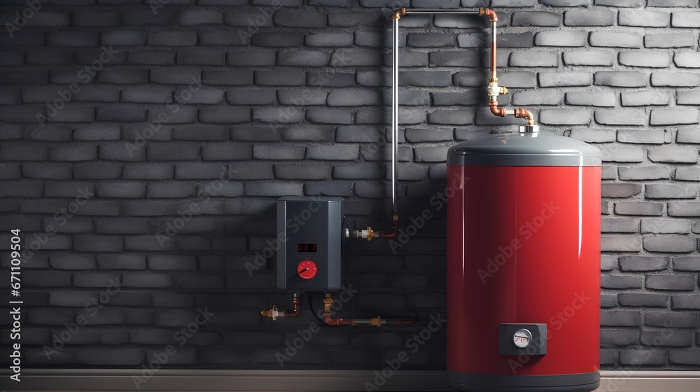 Modern water boiler system with expansion vessel. The system is designed for efficient heating and is installed on brock wall, showcasing its complex network of pipes, valves, and gauges.