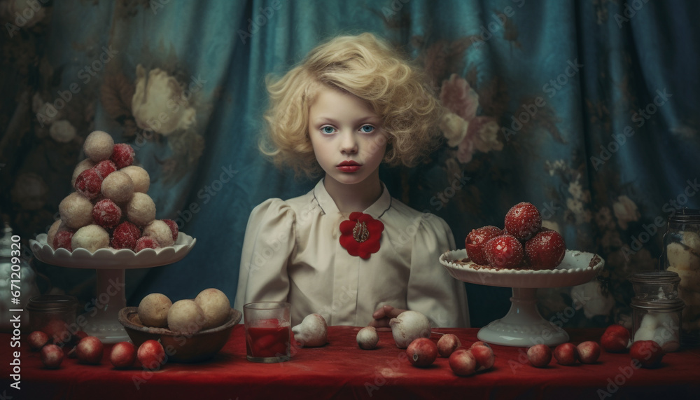 Cheerful blond girl enjoying sweet berry dessert on elegant table generated by AI