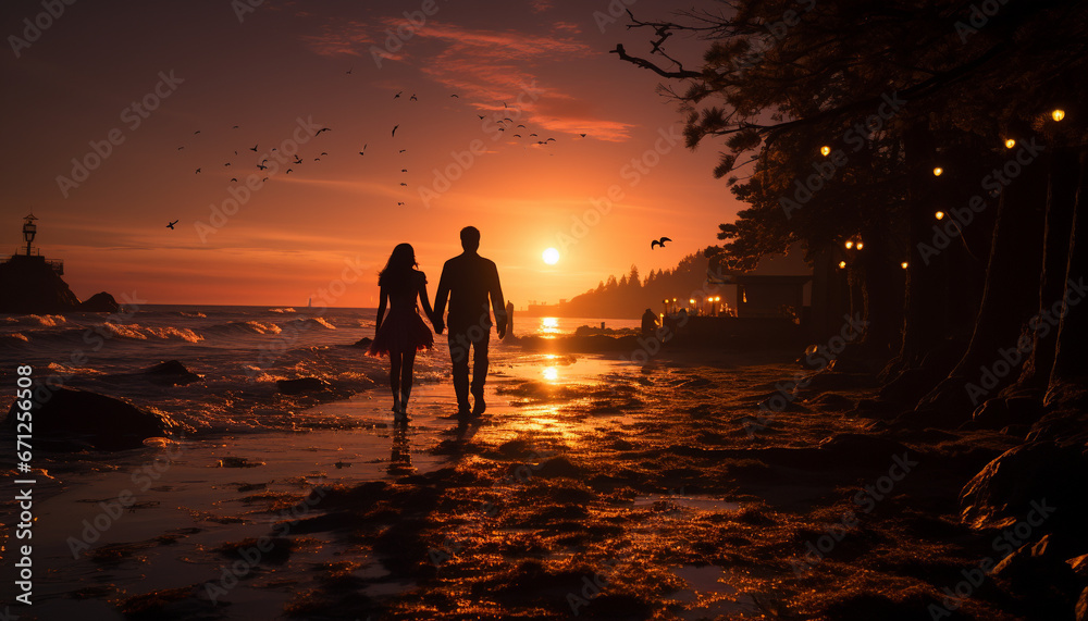 Sunset silhouette  Love, nature, and tranquility bond young couple generated by AI