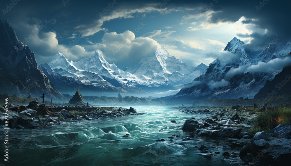 Majestic mountain peak reflects in tranquil water, creating a serene landscape generated by AI