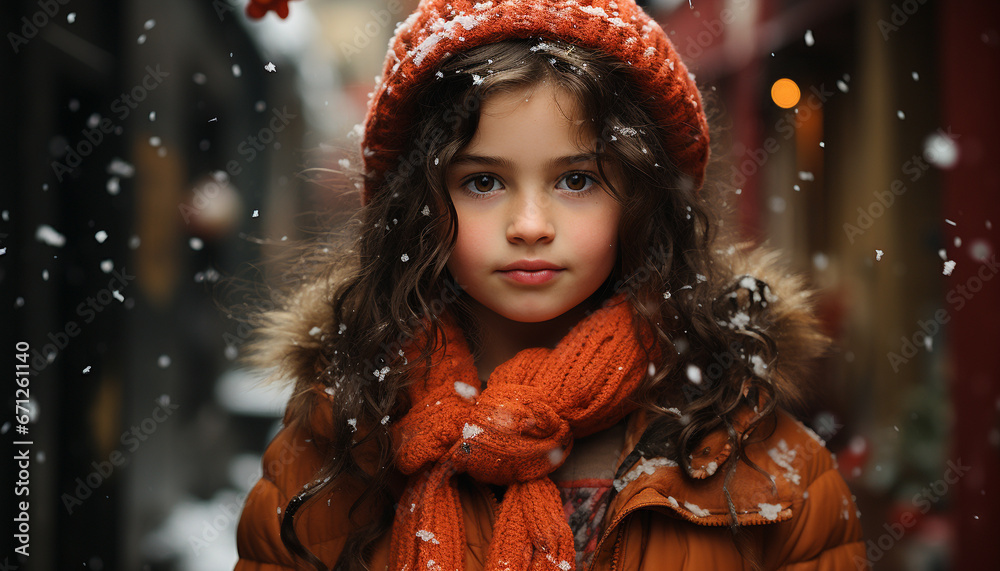 Smiling winter beauty, cute girl in warm clothing, looking cheerful generated by AI